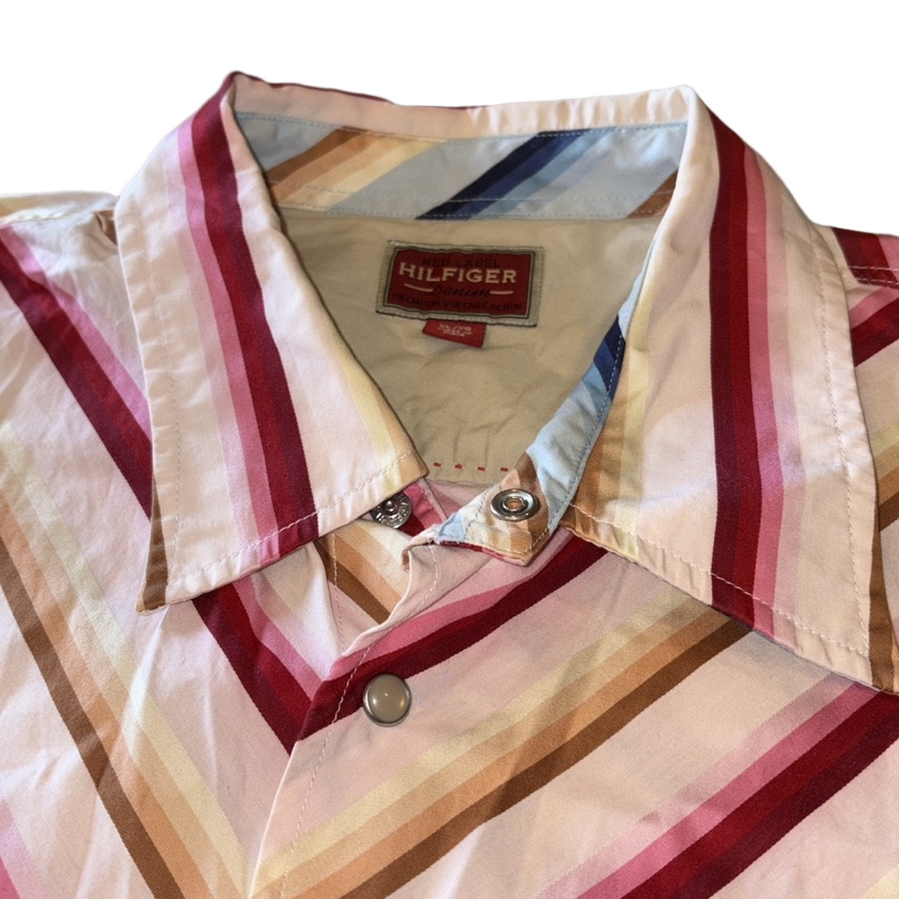 Tommy Hilfiger Red Label Retro Mens XL Pink Red Shirt Short Sleeve Pearl Snap